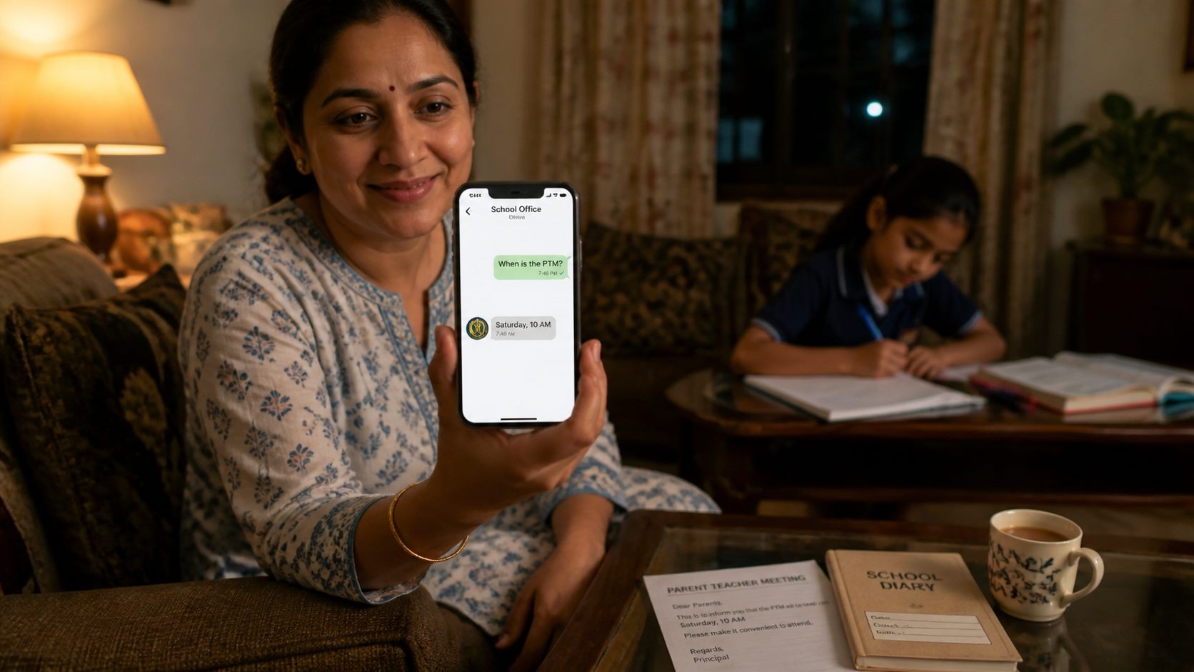 A parent asks the school office when the PTM is on WhatsApp and gets the answer